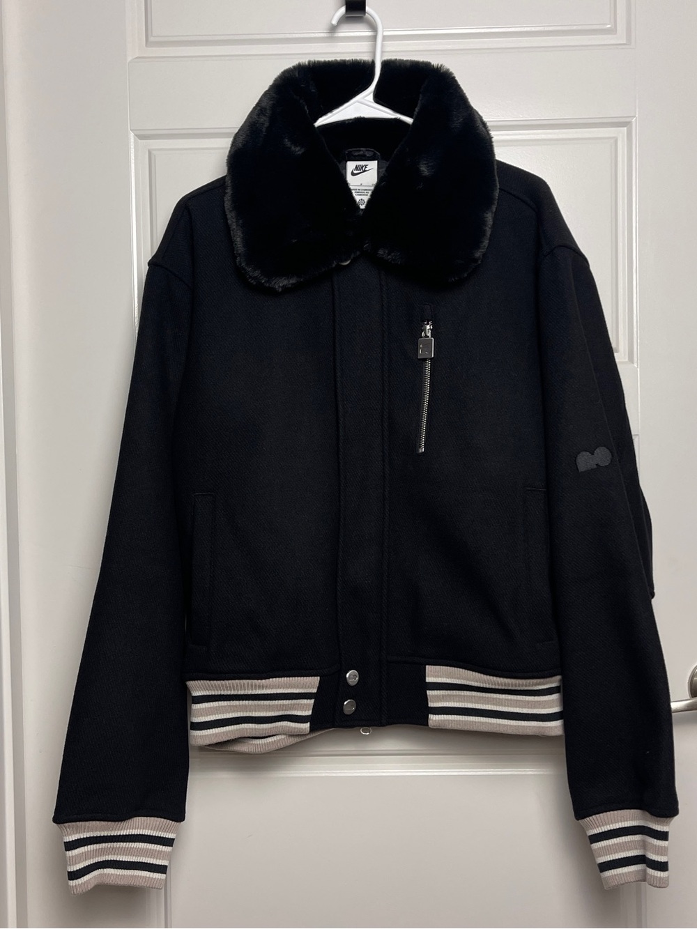 Nike Naomi Osaka Varsity Wool Jacket Women S Black Faux Fur NWT HV2058-010